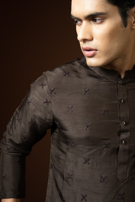 Shop_PAARSH_Brown Bamboo, Cotton Embroidery French Knot Kurta Set _Online_at_Aza_Fashions