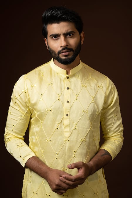PAARSH Yellow Linen, Satin, Cotton Embroidery, Mirrors Checkered Kurta Set Online at Aza Fashions PAARSH_Yellow Linen, Satin, Cotton Embroidery, Mirrors Checkered Kurta Set _Online_at_Aza_Fashions