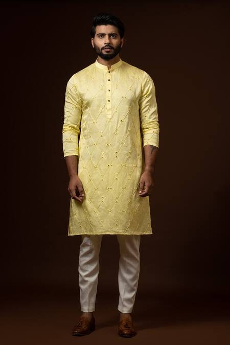 Shop PAARSH Yellow Linen, Satin, Cotton Embroidery, Mirrors Checkered Kurta Set Online at Aza Fashions Shop_PAARSH_Yellow Linen, Satin, Cotton Embroidery, Mirrors Checkered Kurta Set _Online_at_Aza_Fashions