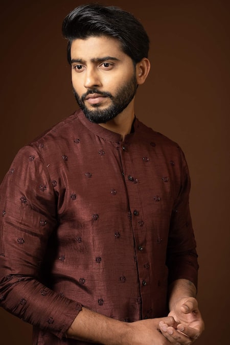 Buy PAARSH Maroon Bamboo, Cotton Embroidery French Knot Work Kurta Set Online at Aza Fashions Buy_PAARSH_Maroon Bamboo, Cotton Embroidery French Knot Work Kurta Set _Online_at_Aza_Fashions