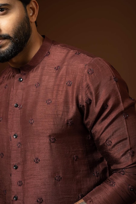 Shop PAARSH Maroon Bamboo, Cotton Embroidery French Knot Work Kurta Set Online at Aza Fashions Shop_PAARSH_Maroon Bamboo, Cotton Embroidery French Knot Work Kurta Set _Online_at_Aza_Fashions