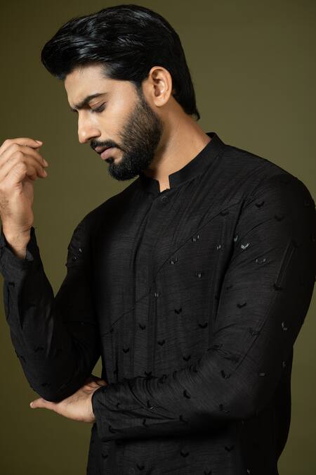 Shop PAARSH Black Bamboo, Cotton Embroidery Cut Dana Kurta Set Online at Aza Fashions Shop_PAARSH_Black Bamboo, Cotton Embroidery Cut Dana Kurta Set _Online_at_Aza_Fashions