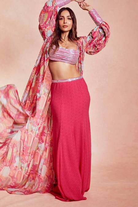 Buy_Krisha Sunny Ramani_Fuchsia Georgette Beads, Sequins Square Neck Printed Cape Lehenga Set _Online_at_Aza_Fashions