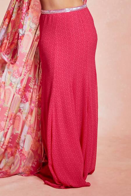 Shop_Krisha Sunny Ramani_Fuchsia Georgette Beads, Sequins Square Neck Printed Cape Lehenga Set _Online_at_Aza_Fashions
