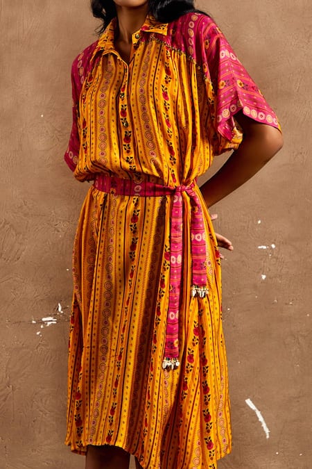 Label Kinjal Modi Pink Cotton Silk Floral, Geometric, Stripe Collared Colorblock Printed Dress Online at Aza Fashions Label Kinjal Modi_Pink Cotton Silk Floral, Geometric, Stripe Collared Colorblock Printed Dress _Online_at_Aza_Fashions