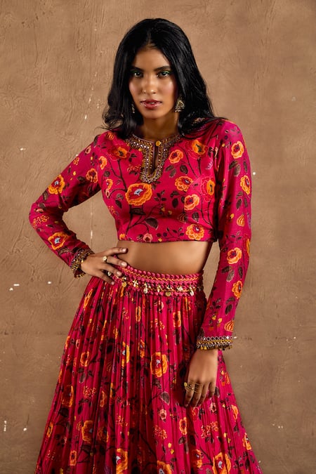 Label Kinjal Modi Fuchsia Cotton Silk Floral, Shell Keyhole Printed Lehenga Set Online at Aza Fashions Label Kinjal Modi_Fuchsia Cotton Silk Floral, Shell Keyhole Printed Lehenga Set _Online_at_Aza_Fashions