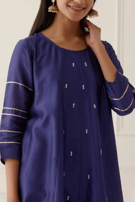 Kamaltaas Blue Chanderi Silk, Lining Mulmul Pittan Work Round Anarkali And Pant Set Online at Aza Fashions Kamaltaas_Blue Chanderi Silk, Lining Mulmul Pittan Work Round Anarkali And Pant Set _Online_at_Aza_Fashions