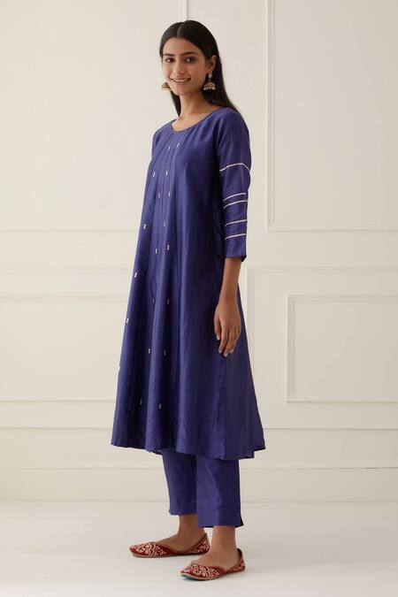 Buy Kamaltaas Blue Chanderi Silk, Lining Mulmul Pittan Work Round Anarkali And Pant Set Online at Aza Fashions Buy_Kamaltaas_Blue Chanderi Silk, Lining Mulmul Pittan Work Round Anarkali And Pant Set _Online_at_Aza_Fashions