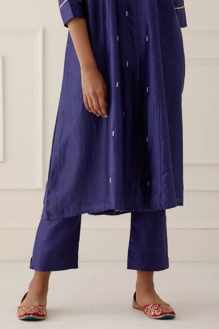 Shop Kamaltaas Blue Chanderi Silk, Lining Mulmul Pittan Work Round Anarkali And Pant Set Online at Aza Fashions Shop_Kamaltaas_Blue Chanderi Silk, Lining Mulmul Pittan Work Round Anarkali And Pant Set _Online_at_Aza_Fashions
