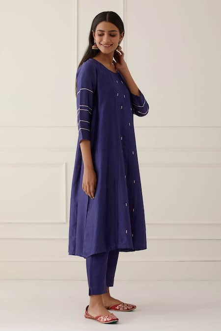 Kamaltaas Blue Chanderi Silk, Lining Mulmul Pittan Work Round Embroidered Kurta Set at Aza Fashions Kamaltaas_Blue Chanderi Silk, Lining Mulmul Pittan Work Round Embroidered Kurta Set _at_Aza_Fashions