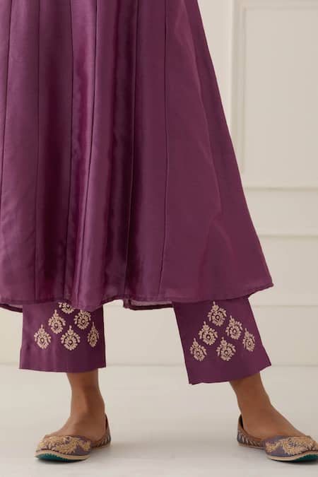 Kamaltaas Purple Chanderi Silk, Lining Mulmul Pittan Paisley Embroidered Anarkali Set at Aza Fashions Kamaltaas_Purple Chanderi Silk, Lining Mulmul Pittan Paisley Embroidered Anarkali Set _at_Aza_Fashions