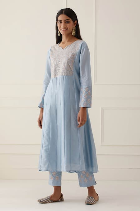 Buy_Kamaltaas_Blue Chanderi Silk, Lining Mulmul Pittan Work Embroidered Anarkali And Pant Set _Online_at_Aza_Fashions