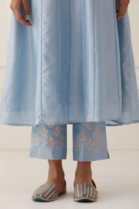 Shop Kamaltaas Blue Chanderi Silk, Lining Mulmul Pittan Work Yoke Embroidered Anarkali Set Online at Aza Fashions Shop_Kamaltaas_Blue Chanderi Silk, Lining Mulmul Pittan Work Yoke Embroidered Anarkali Set _Online_at_Aza_Fashions