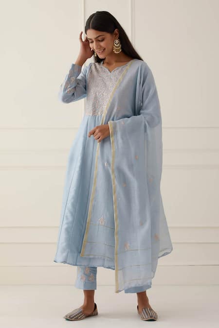 Kamaltaas Blue Chanderi Silk, Lining Mulmul Pittan Work Yoke Embroidered Anarkali Set at Aza Fashions Kamaltaas_Blue Chanderi Silk, Lining Mulmul Pittan Work Yoke Embroidered Anarkali Set _at_Aza_Fashions