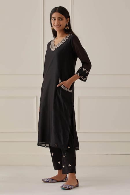 Shop_Kamaltaas_Black Chanderi Silk, Lining Mulmul Gota, Pittan Straight Kurta And Pant Set_Online_at_Aza_Fashions