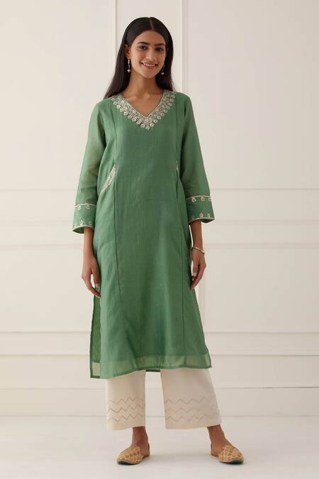 Buy_Kamaltaas_Green Chanderi Silk, Lining Mulmul Gota, Pittan Work Embroidered Neckline Kurta_Online_at_Aza_Fashions
