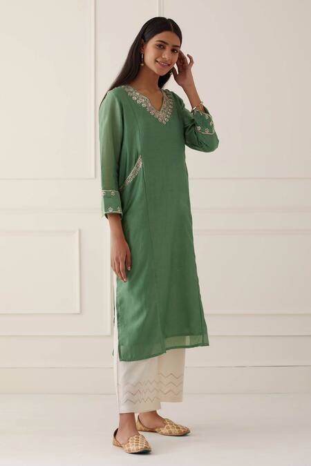 Shop_Kamaltaas_Green Chanderi Silk, Lining Mulmul Gota, Pittan Work Embroidered Neckline Kurta_Online_at_Aza_Fashions