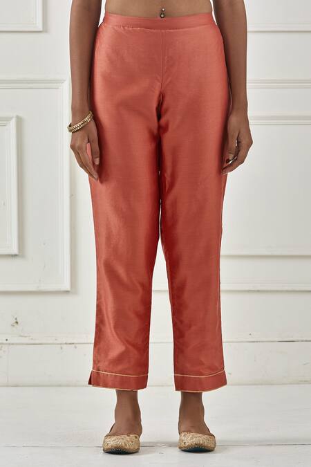 Kamaltaas_Orange Chanderi Silk, Lining Mulmul Gota, Pittan And Embroidered Kurta Set_at_Aza_Fashions