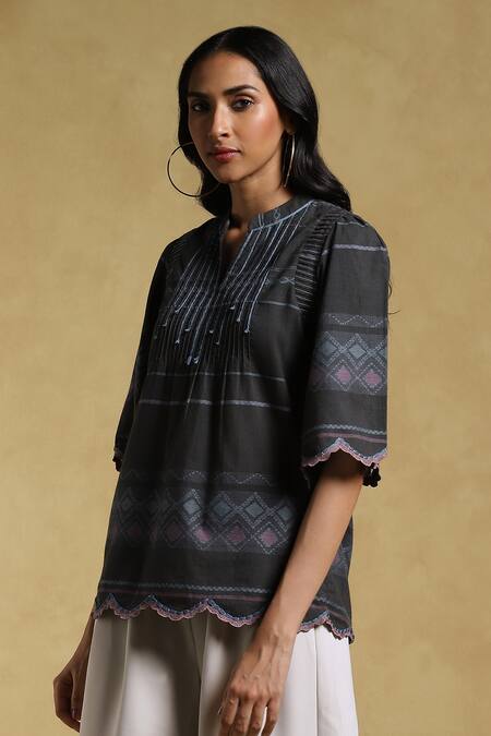 Buy_Ritu Kumar_Black Yarn Dyed Cotton-blue Chevron Geometric Mandarin Pattern Short Kurta_Online_at_Aza_Fashions