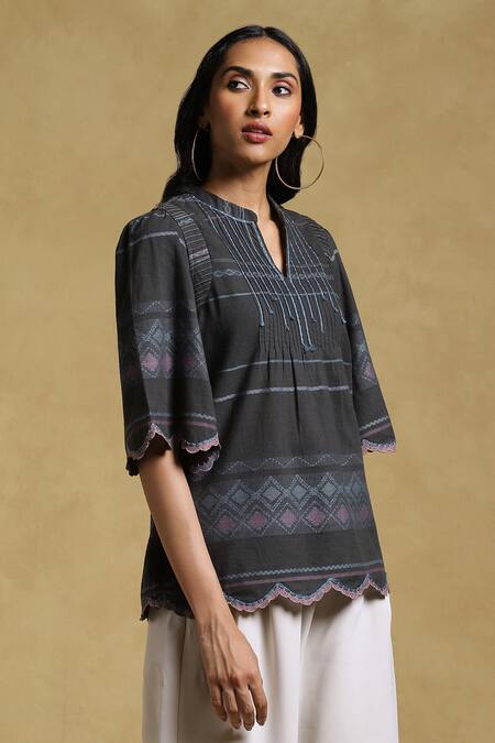 Shop_Ritu Kumar_Black Yarn Dyed Cotton-blue Chevron Geometric Mandarin Pattern Short Kurta_Online_at_Aza_Fashions
