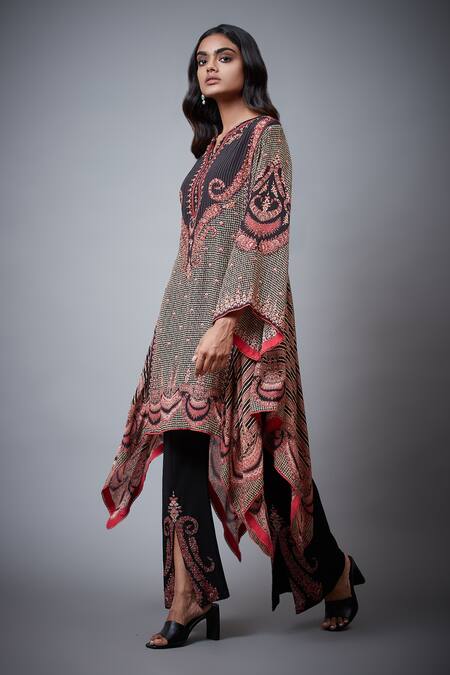 RI.Ritu Kumar_Black Rayon Crepe Print And Embroidery Jamawar Notched Malisha Kurti_Online_at_Aza_Fashions