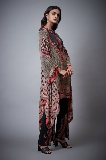 Buy_RI.Ritu Kumar_Black Rayon Crepe Print And Embroidery Jamawar Notched Malisha Kurti_Online_at_Aza_Fashions