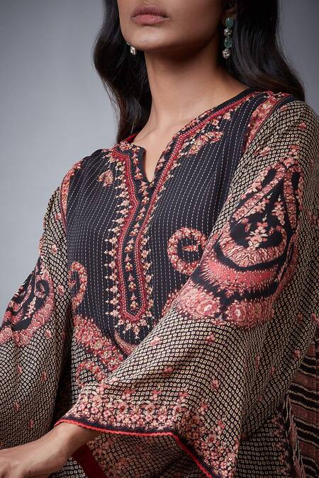 Shop_RI.Ritu Kumar_Black Rayon Crepe Print And Embroidery Jamawar Notched Malisha Kurti_Online_at_Aza_Fashions