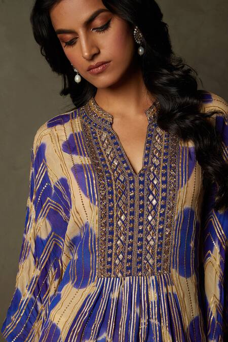 RI.Ritu Kumar_Purple Silk Chinon And Embroidery Floral Band Collar Delphi Kurti_Online_at_Aza_Fashions