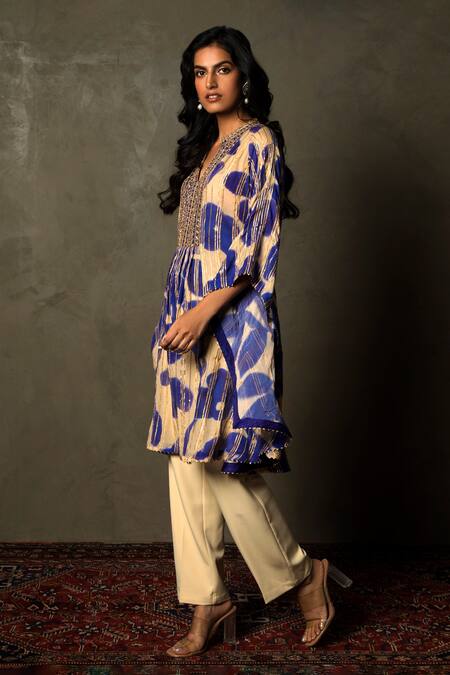 Shop_RI.Ritu Kumar_Purple Silk Chinon And Embroidery Floral Band Collar Delphi Kurti_Online_at_Aza_Fashions