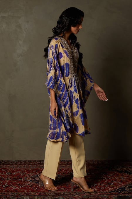 RI.Ritu Kumar_Purple Silk Chinon And Embroidery Floral Band Collar Delphi Kurti_at_Aza_Fashions