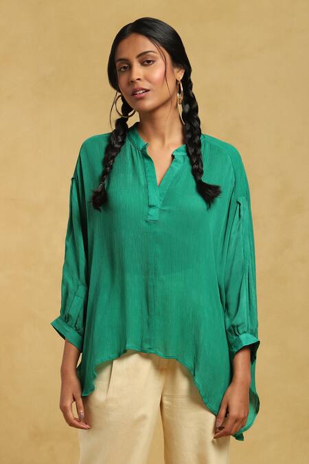 Ritu Kumar_Green Crepe Mandarin Collar High Low Hem Short Kurti_Online_at_Aza_Fashions