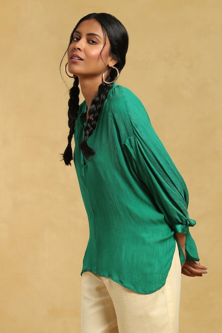 Buy_Ritu Kumar_Green Crepe Mandarin Collar High Low Hem Short Kurti_Online_at_Aza_Fashions