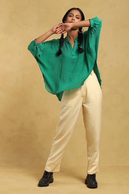 Ritu Kumar_Green Crepe Mandarin Collar High Low Hem Short Kurti_at_Aza_Fashions