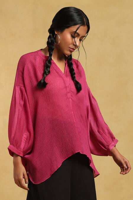 Buy_Ritu Kumar_Pink Crepe Bandeau Neck Crimp Satin Short Kurti_Online_at_Aza_Fashions