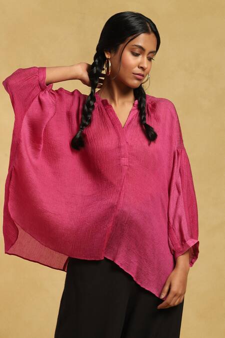 Shop_Ritu Kumar_Pink Crepe Bandeau Neck Crimp Satin Short Kurti_Online_at_Aza_Fashions