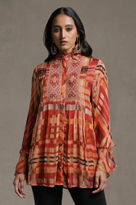 Ritu Kumar Orange Viscose Chiffon And Embroidery Geometric Band Short Kurta  3