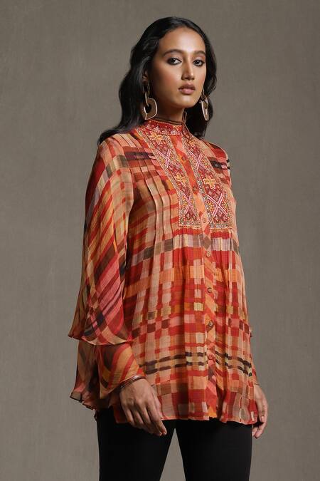 Ritu Kumar Orange Viscose Chiffon And Embroidery Geometric Band Short Kurta  4