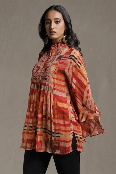 Ritu Kumar Orange Viscose Chiffon And Embroidery Geometric Band Short Kurta  5