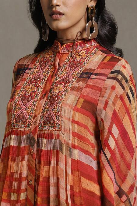 Ritu Kumar Orange Viscose Chiffon And Embroidery Geometric Band Short Kurta  6