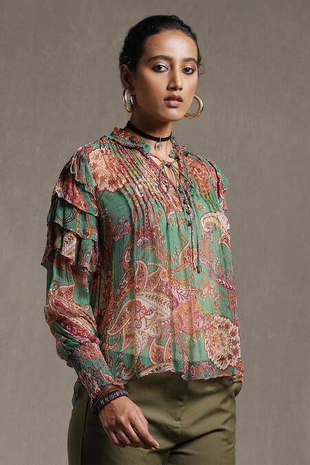Buy_Ritu Kumar_Green Viscose Chiffon Floral And Paisley Print Band Front Tie Up Short Kurta_Online_at_Aza_Fashions
