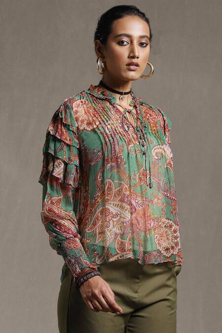 Shop_Ritu Kumar_Green Viscose Chiffon Floral And Paisley Print Band Front Tie Up Short Kurta_Online_at_Aza_Fashions