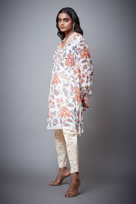 RI.Ritu Kumar_Ivory Viscose Chinon And Embroidery Floral Band Collar Chintz Kurti _Online_at_Aza_Fashions
