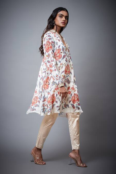 Buy_RI.Ritu Kumar_Ivory Viscose Chinon And Embroidery Floral Band Collar Chintz Kurti _Online_at_Aza_Fashions