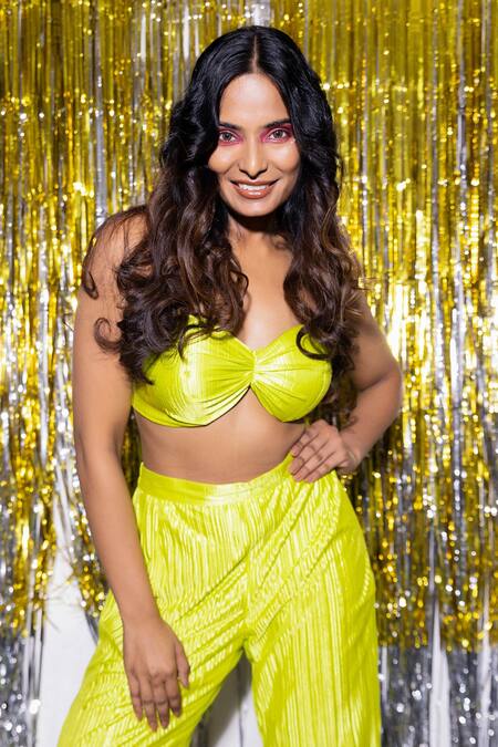 Shop_Ankur J_Yellow Net, Crepe Sequins Sweetheart Neck Embroidered Blazer Pant Set _Online_at_Aza_Fashions