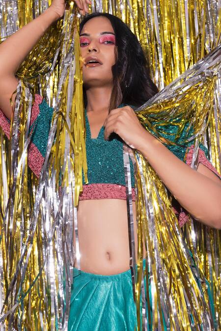 Buy Ankur J Blue Tissue, Silk, Satin Sequins V-neck Embroidered Top And Draped Skirt Set Online at Aza Fashions Buy_Ankur J_Blue Tissue, Silk, Satin Sequins V-neck Embroidered Top And Draped Skirt Set_Online_at_Aza_Fashions