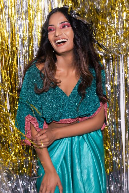 Shop Ankur J Blue Tissue, Silk, Satin Sequins V-neck Embroidered Top And Draped Skirt Set Online at Aza Fashions Shop_Ankur J_Blue Tissue, Silk, Satin Sequins V-neck Embroidered Top And Draped Skirt Set_Online_at_Aza_Fashions