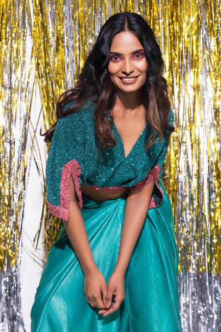 Ankur J Blue Tissue, Silk, Satin Sequins V-neck Embroidered Top And Draped Skirt Set at Aza Fashions Ankur J_Blue Tissue, Silk, Satin Sequins V-neck Embroidered Top And Draped Skirt Set_at_Aza_Fashions