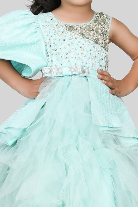 Buy_Shining Kanika_Blue Poly Silk Embellished Pearl One Shoulder Dress_Online_at_Aza_Fashions