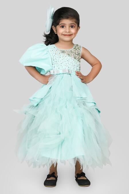 Shop_Shining Kanika_Blue Poly Silk Embellished Pearl One Shoulder Dress_Online_at_Aza_Fashions