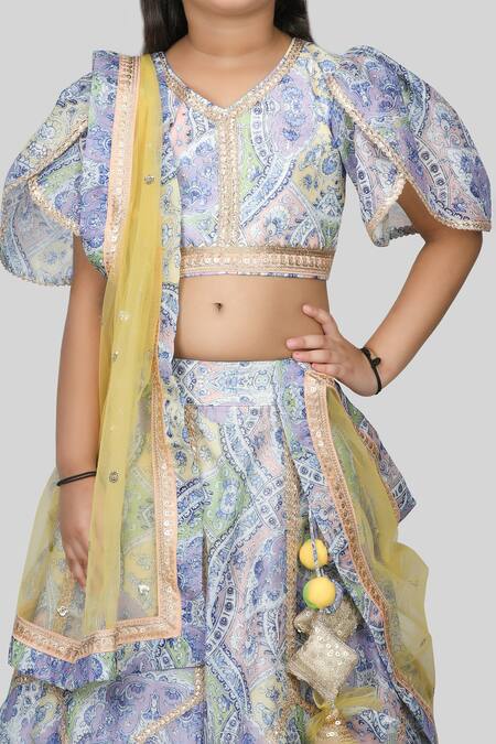 Shining Kanika Blue Chanderi Print Floral Lehenga Set Online at Aza Fashions Shining Kanika_Blue Chanderi Print Floral Lehenga Set_Online_at_Aza_Fashions